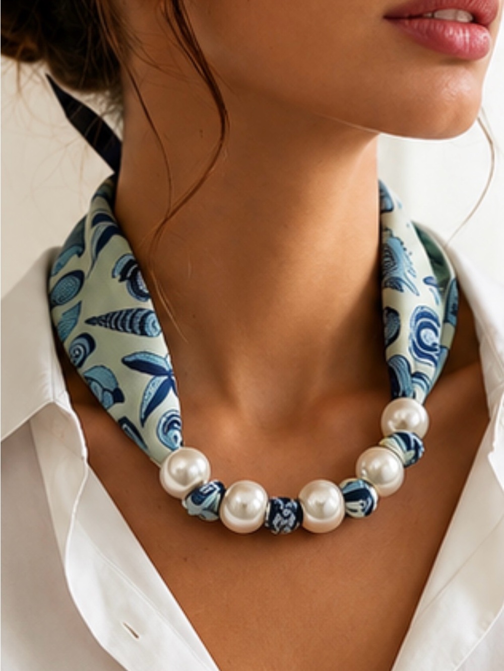 Pearl & Blue Patterned Scarf Necklace - Elegant Women's Jewelry